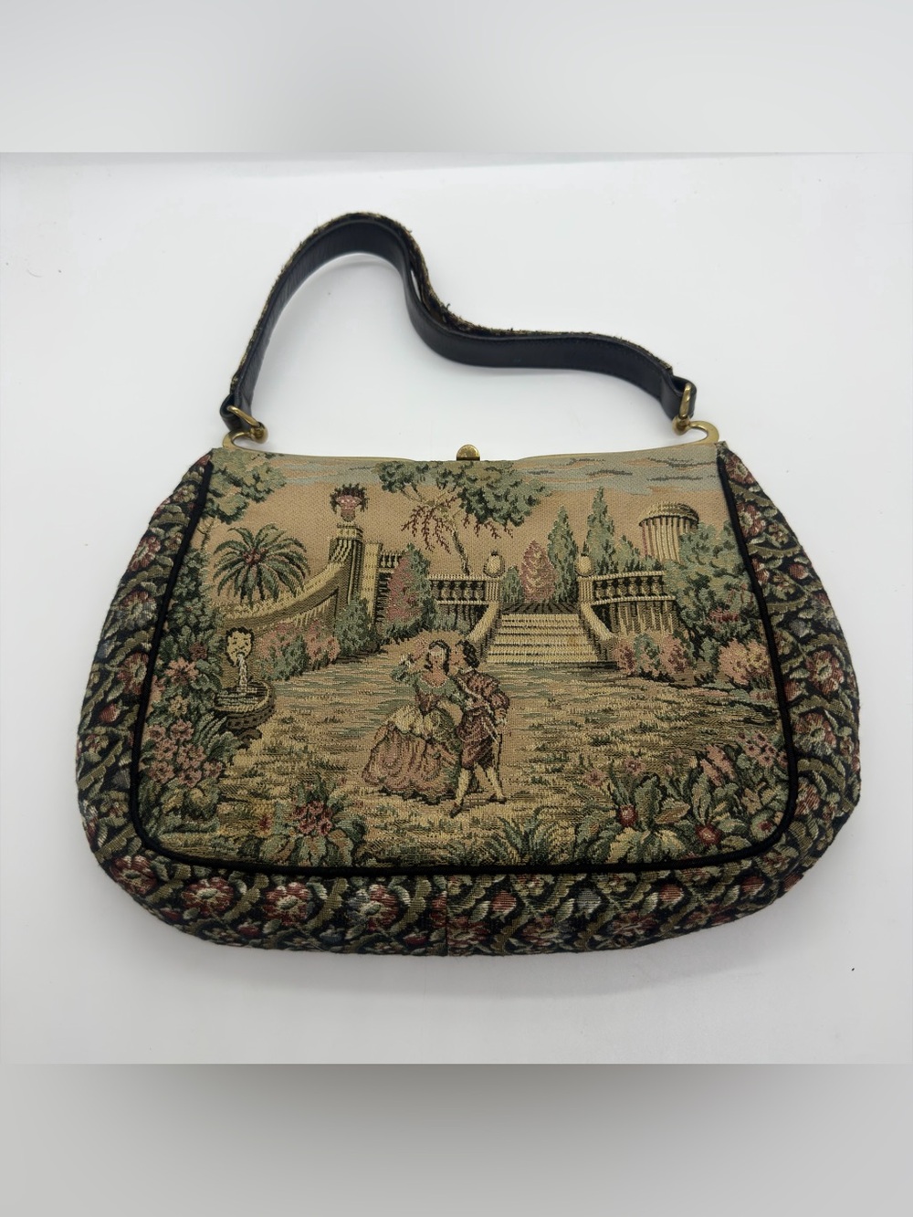 Vintage La Marquise Italian Tapestry Shoulder Bag KissLock Romantic Garden Scene